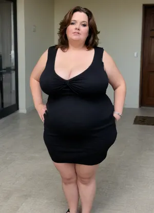 Full body shot, (obese:1.5), 60 year old woman, big eyes, thin black decolette sleeveless Short sweater minidress, fupa, obese, chubby, plump, wide hips, huge hips, curvy, big floppy breasts, sagging breasts, deflated breasts, chubby waist, SaggySlimXL, <lora:updated_saggy_slim:1>, <lora:clothed_small:.5>, downblouse, cleavage
