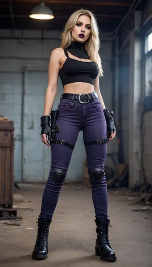 pretty blonde girl, tight PU crop top, tight jeans pants and war tactical boots, bullet belt, flaunting butt, gothic makeup, deep purple lips, full body view