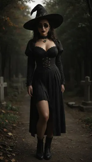 A smiling busty witch at night in a cemetery in autumn, black lips, black eyeliner, (long straight black hair), (very pointy witch's hat), sunglasses, dark green shirt with puffy sleeves, black tailcoat, pleated skirt with bronze rivets, jewelled brooch, brass details, full body view, steampunk apparel, <lora:750873_training_data:1.9>, <lora:dark:.2>