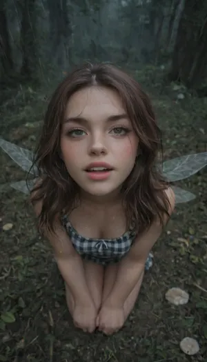 Cinematic, close up, face detail, hires, HD, storm, night, schoolgirl, youthful, beautiful, white and blue checked dress, tight body, lightning, nymph, virgin, lustful, demons, succubus, sex demon, forest spirit, fairy, fairy wings, surrounded by demons, psychedelic, trip, acid, mushroom, fantasy, excited, happy, wide eyes, sitting, knees together, cum, submissive, big_eyes, wet, goo, slime, rain, soaked, horny, universe, hannahowoxl, <lora:HannahXL:.8>, green, eyes, blue, brown, perfect eyes, <lora:PerfectEyesXL:.8>