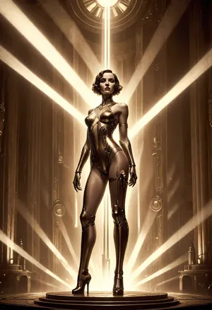 Raiting_explicit, A female robot performing an erotic pole dance on stage, inspired by Metropolis, (1927), dynamic dance pose, sleek golden bronze metallic body, curvy art deco design, expressive robotic face, dramatic backlighting creating a sharp silhouette, glowing eyes, sepia tone. Industrial stage background with large gears turning, steam pipes, thick smoke in the air, beams of light from vintage spotlights cutting through the haze, ornate metallic stage elements, retrofuturistic mood, cinematic lighting, highly detailed, photorealistic style, mad-ropolis-poster, black, and, white, expressionist, artdecopostsdxl, art, deco, style, poster, <lora:Metropolis_Movie_Poster_Style_SDXL:.8>, <lora:Vivid Midjourney mimic - XL SDXL v2.0:.8>, <lora:artdecopostsdxl:.8>