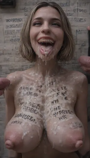 2 beautiful blondes with medium bob hairstyle, cum everywhere, big smile, perfect tits, licking cum, high quality super realistic, ahegao, cum dripping from mouth, cum on tits, (((words "Fuck Me" written on chest in black))), conical puffy nipples, big nipples, ass pawg wet, girl body beautiful, Twerk dance naked clap, eye contact, 3x3frames