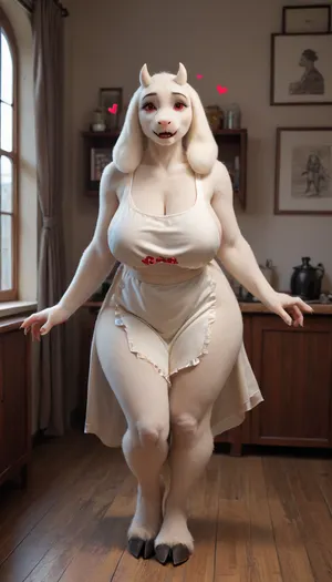 masterpiece, best quality, high resolution, hires, score_9, score_8_up, score_7_up, score_6_up, (((Toriel from Undertale:1))), (((anthro, furry, white fur, body fur, white skin))), (((1girl))), (((milf))), tall anthropomorphic goat-woman, ((hooves instead of feet)), long floppy ears, small curved horns, soft smiling face, ((red cheeks:1.1)), (((hearts flying around woman's head:1.5))), gentle red eyes, (((wearing only an too small apron))), motherly and shy expression, (((massive milky soft breasts:1.2))), (((saggy boobs:1.2))), (((wide curvy hips:1.2))), soft full figure, (((thick thighs:1.2))), hourglass shape, matronly and nurturing body, long gentle arms, standing pose, warm and inviting aura, warm colors, fantasy style, full body, cozy room on background, high detail, cel-shaded, soft lighting, game character design, anime-inspired proportions, smooth clean linework, detailed fur, fursuit, <lora:FursuitXL:1.3>, <lora:SDXLHighDetail_v6-000005:1.5>, human, 2girl, small breasts, skinny, narrow hips, extra limbs, extra fingers, wrong outfit, incorrect colors, modern clothing, sci-fi elements, cropped, bad anatomy, broken limbs, broken fingers, deformed, overly muscular, scary expression, sharp teeth, aggressive pose, wrong body type