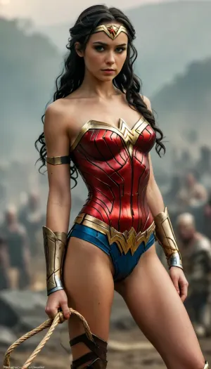 A sexy wonder woman babe, wonder woman cosplay, slender body, with small tits, in wonder woman armor, golden whip, muscular body, full body view, great, lighting, youngAdult, half naked, black hair on a single long braid, lots of public hair on pussy, flat, chested, standing outside, big battlefield, lots of dead bodies in background, detailxl, <lora:great_lighting:.5>, <lora:YoungAdultSDXL:.5>, <lora:flat_chested_v3.5:1>, <lora:MJ52:.5>