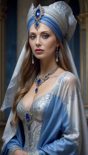 Lee Bogle. John Galliano. Sketch. Woman. High fashion A fashionable fantasy. Architecturally. Northern Khokhloma style. Blue, white, silver. Elegant