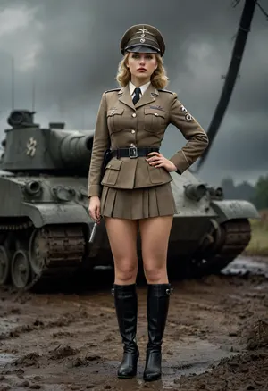 Uber realistic, 8k, ultra detailed, masterpiece, 1girl, beautiful busty female German Nazi ss officer, (WW2, World War 2), (huge_breasts), tits out, tits bulging out, (she is an incredibly beautiful woman with a athletic and voluptuous build, light skin, pale blue eyes and long, wavy light brown hair), (she wears sexy world war 2 german nazi ss officer uniform, black high-heeled boots, black stockings, wears a officer hat on her head), german, nazi, ss officer, muscular legs, toned legs, (european field World War 2 battlefield with dieselpunk World War 2 tanks in background), cloudy, night, storming, action pose, random view angle, wet and muddy ground, detailxl, dark, chiaroscuro, low-key, <lora:add-detail-xl:.8>, <lora:style_lora_realis:.8>, <lora:zavy-cntrst-sdxl:.8>