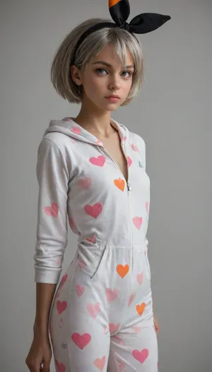 score_9, score_8_up, score_7_up, bea_, (pokemon), pokemon, 1girl, grey_hair, grey_eyes, hips, lean back, asimetrical pose, sexy pose, small body, very skinny, small ass, narrow hips, narrow and long chest, Pink Heart Print Hooded Onesie pajama full open, visible pussy