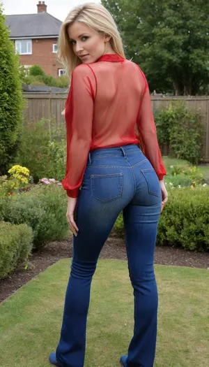 masterpiece, emma, score_9, score_8_up, score_7_up, 3 girls, experienced gorgeous 39 years old girl, full view, point of view from behind, doggystyle pose, ((((no bra)))), shoulders pushed back, (((on all fours, showing off her butt))), bent over, ass in the air, butt in the air, (((((doggystyle))))), working in the garden, dirty hands and skin, ((down blouse, downblouse)), ((((very loose fitting, very low cut, slutty, red, silk, sheer, see-through blouse, shoulder, braless, front zipper undone, all cleavage skimpy, nipples visible, off-)))), blouse & flare jeans, brown belt, brown stripper boots, ((jeans unzipped, no panties, lots of visible pubic hair)), nipples visible under loose wet blouse, loose dirty wet blouse, breast focus, nipple focus, erect nipple, (short torso, long legs, lots of body freckles, pale skin, blush), ((39 years old, gorgeous woman, chiseled jaw, defined collar bone, defined shoulders, hot wife, wide hips, very small waist, F cup breasts)), ((defined hip bones, puffy cameltoe crotch pussy)), (loose very low cut silk blouse, braless), (((wearing high rise dark blue jeans))), ((digging in the garden, planting flowers)), natural very large breasts, soft breasts, saggy breasts, hangers, hanging tits, strong tan lines, stretch marks, (cleavage, nipple slip, large areola), ((very very very very long feathered blonde hair)), straight bangs, cute, sexy seductive smirk, blushed cheeks, pointed slim nose, outside working in flower bed, very aesthetic, subsurface scattering, natural skin texture, realistic skin texture, detailed skin texture, (non nude), (nipple visible underneath, visible nipple, braless), .