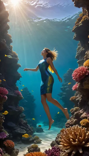 Chrissy glides through the coral reef, sunlight filtering through the waves in golden streaks. Vibrant fish dart between glowing coral, their colors shifting like liquid jewels. The water hums with quiet energy, ancient and alive. As she reaches out, the ocean seems to whisper—secrets hidden beneath the tide, waiting to be uncovered.