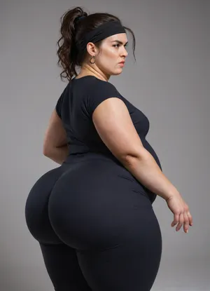 ultra realistic, side view, extremely obese 40 year old woman, bouncing butt, big obese fat plump woman, super plump, flat chest, headband, wearing a supertight spandex jumpsuit, obesity, wide waist, wide hips, fat belly, thick thighs, thicks top body, (oversized rounded butt), straight ponytail hairstyle, black hair, messy hairbun, good hands, perfect fingers, (enormous obese round butt), (super rounded butt:1.5), gigantic curvy butt, ohwx25, girl, angry, calm, <lora:angry:1.6>