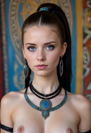 girl, 18 years, Celtic girl, white skin, blue eyes, long black rastafari hair, pony tail, no metal, eyes painted in black, tribal painting, naked, breasts, breast visible, earings, glossy lips