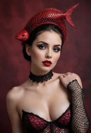 A dramatic portrait of a woman full nude, wearing a blsck fishnet stockings. She poses with one arm raised and a stylized fish headpiece on her head. Her makeup is bold, featuring dark eyeliner and crimson lipstick, creating an expressive look against a muted, textured background. Her hairstyle is short and sleek, adding to the theatrical vibe of the image.