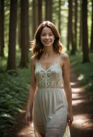 A candid photograph of a woman in her mid-20s, with natural brown hair, walking through a sunlit forest. She is dressed casually in a light seethrough summer dress. The scene is illuminated by soft, natural light filtering through the trees, casting gentle shadows on her face. The focus is on capturing a realistic, spontaneous moment as she smiles while looking at the surrounding nature. The background is lush with green foliage and dappled sunlight, giving the image a serene, peaceful atmosphere, resembling a real-life photo taken with a high-quality camera.