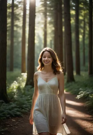A candid photograph of a woman in her mid-20s, with natural brown hair, walking through a sunlit forest. She is dressed casually in a light seethrough summer dress. The scene is illuminated by soft, natural light filtering through the trees, casting gentle shadows on her face. The focus is on capturing a realistic, spontaneous moment as she smiles while looking at the surrounding nature. The background is lush with green foliage and dappled sunlight, giving the image a serene, peaceful atmosphere, resembling a real-life photo taken with a high-quality camera.