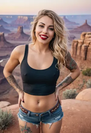 27 yo, (Alt Punk Boho Hippy), sexbomb, pouting her lips, horny, hourglass-shaped body, tall and slender and elegant, cinematic photo of one woman, (hipster-style creative Makeup:1.2), (Happy and smiling), (Many Tattoos, no pants, no panties, hairy pussy), (perfect vibrant eyes), ((blonde very long messy thick tousled loose hair)), (bronze tan), (clefted sensual detailed full lips with subtle red lipstick, big mouth:1.1), significant incisors, cute dimples, delicate nasolabial folds, cheekbones, notable jawline, small delicate wrinkles, small blemishes and moles, significant nose, (red long-sleeved very tight spahetti-strap tanktop, no bra, poking nipples), (petite round firm breasts:1.3), (beads), (very big hips, narrow waist:1.4), wide mature hips, closeup portrait, (canyonlands overlook, golden hour:1.1), (she is jumping in a silly way for the picture and making a silly face:1.2), 35mm photograph, film, bokeh, professional, 8k, highly detailed, clothes, braless, no, bra, <lora:add-detail-xl:.7>, <lora:braless-000007:.9>