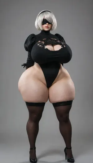 Yorha unit 2B from nier automata standing on a simple background with her arms crossed behind her back, 2b cosplay, black blindfold, both eyes covered, huge camel toe, gigantic muffin top, ((huge gigantic natural breasts)), overflowing breasts, (gigantic hips), small waist, gigantic ass, huge thighs, overflowing thighs, serious expression
