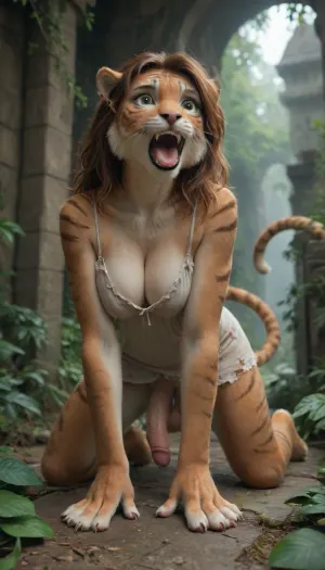 8K, full-length digital artwork of a woman morphing into a futa catgirl, ruined temple with many cat statues, jungle plants, heavy rain, erect penis, large balls, large breasts, tiger striped fur, long tail, ripped lace dress, on all fours, thinning auburn hair, small patches of bare skin, long feline whiskers, perfect eyes, perfect iris, screaming, scared expression, tears, hands turning into paws, <lora:SDXL1.0-LoRa_Zeitgeist-Morphing-Concept_by-AI_Characters-v1.0:.5>, feline_hybrid, furry, <lora:Realistic_Feline_Hybrids:.8>