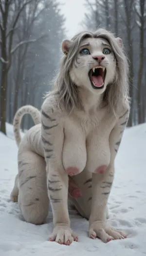 8K, full-length digital artwork of a woman morphing into a futa catgirl, snowscape, siberia, snowing, erect penis, large balls, large breasts, white siberian tiger fur, white fur, tail, on all fours, thinning grey hair, small patches of bare skin, long feline whiskers, perfect eyes, perfect iris, screaming, scared expression, tears, hands turning into paws, <lora:SDXL1.0-LoRa_Zeitgeist-Morphing-Concept_by-AI_Characters-v1.0:.5>, feline_hybrid, furry, <lora:Realistic_Feline_Hybrids:.8>