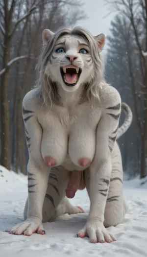 8K, full-length digital artwork of a woman morphing into a futa catgirl, snowscape, siberia, snowing, erect penis, large balls, large breasts, white siberian tiger fur, white fur, tail, on all fours, thinning grey hair, small patches of bare skin, long feline whiskers, perfect eyes, perfect iris, screaming, scared expression, tears, hands turning into paws, <lora:SDXL1.0-LoRa_Zeitgeist-Morphing-Concept_by-AI_Characters-v1.0:.5>, feline_hybrid, furry, <lora:Realistic_Feline_Hybrids:.8>