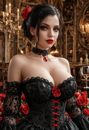 Gothic wine tasting, a stunning gothic woman, deep smoky eyes, bold red lips, and piercing gaze, long voluminous black hair in an elegant updo adorned with deep red roses, wearing a black lace corset with gold accents, off-shoulder sheer lace sleeves, and an intricate gothic choker with red gemstone pendants, showing cleavage of large breasts
