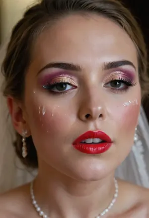 bukkake, cumshot, facial portrait picture of the Bride face in cum facial, with heavy colorful makeup and a lot of makeup, a lot of Cum on her face, cum on her long black eyelashes, Cum on her eyelids, Cum on her cheek skin, her face wet with Cum, Cum on her red lips. cum on her wedding tail., woman, cum, on, face, <lora:JustCum:1.3>