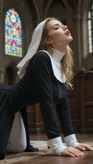 View from side, fully clothed. Not nsked. beautiful sexy nun, on all fours after being fucked, habit lifted over her arse, slender body, blonde long messy hair, moaning, mouth opened, (large natural breasts), (in a beautiful gothic church), cinematic masterpiece