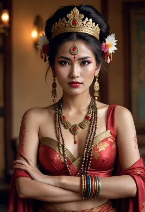 glossy magazine cover style, A beautiful slender adult Bhutanese woman in traditional decorated clothing and jewelry, and war paint with elaborate hairstyle in lingerie, handsign to viewer, #©KITTYART





































#©KITTYART