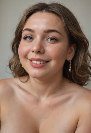 Close up portrait, Obese 60 year old gilf, chubby, naked, drooping, (saggy conical tits), (smile:1.3), (dark blonde straight hair), sagging, breasts, stretch, marks, blue eyes