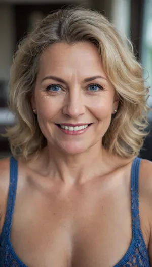 Close up portrait, Obese 60 year old gilf, chubby, naked, drooping, (saggy conical tits), (smile:1.3), (dark blonde straight hair), sagging, breasts, stretch, marks, blue eyes, blonde, wrinkles, jewelry, long, hair, short, smiling, 1girl, blue, eyes, <lora:Older_woman-000008:.8>