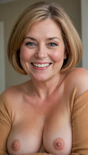 Close up portrait, Obese 60 year old gilf, chubby, naked, drooping, (saggy conical tits), (smile:1.3), (dark blonde straight hair), sagging, breasts, stretch, marks, blue eyes, aunt_cass, orange, hair, short, bob, cut, sweater, <lora:Yoru Mac XL:.8>