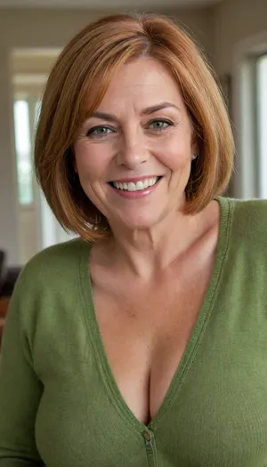 Close up portrait, Obese 60 year old gilf, chubby, naked, drooping, (saggy conical tits), (smile:1.3), (dark blonde straight hair), sagging, breasts, stretch, marks, green eyes, aunt_cass, orange, hair, short, bob, cut, sweater, <lora:Yoru Mac XL:.8>, <lora:add-detail-xl:.8>