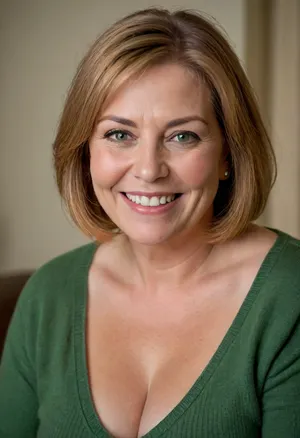 Close up portrait, Obese 60 year old gilf, fat, chubby, (drooping, saggy conical tits), (smile:1.3), (dark blonde straight hair), sagging, breasts, stretch, marks, green eyes, aunt_cass, orange, hair, short, bob, cut, sweater, <lora:Yoru Mac XL:.8>, <lora:add-detail-xl:.8>