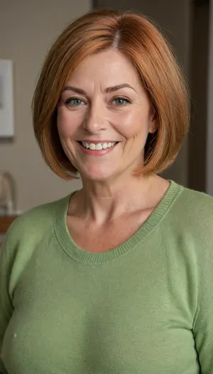 Close up portrait, Obese 60 year old gilf, fat, chubby, (drooping, saggy conical tits), (smile:1.3), (dark blonde straight hair), sagging, breasts, stretch, marks, green eyes, aunt_cass, orange, hair, short, bob, cut, thin sweater, <lora:Yoru Mac XL:.8>, <lora:add-detail-xl:.8>