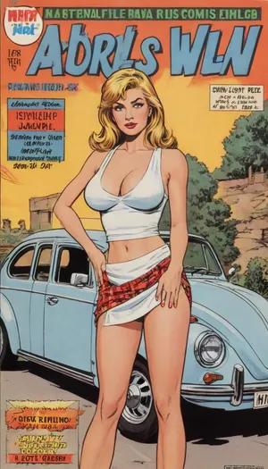 (one female drawn:1.6), (illustration:1.6), (hand drawn:1.6), (comic book cover:1.6), (TITLE text, "my girl's VW":1.6), (milf:1.6), 45 years old tall voluptuous body, with long Blonde hair, huge natural sagging boobs, bottom naked, white micro tennis skirt, white croptop with cleavage, standing by a VW Beetle, <lora:iltromba_artwork_style_smm_SDXL_LORA_v07:.5>, <lora:text:1.1>