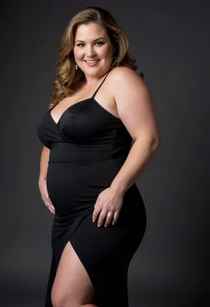 This full-shot image features fat ssbbw mature woman in her 50s, striking a pose against a plain black background. She has light brown hair that reaches her shoulders and is styled with a side part, framing her face. She is wearing a black dress with thin straps, though the full extent of the dress is not visible. Her left arm is bent at the elbow, with her hand near her chest, wearing a wedding ring. She is smiling broadly, revealing her teeth, and looking towards the right side of the frame. Her posture suggests a dynamic movement, with her body slightly twisted and her legs spread apart as if in mid-step. The lighting is from the front, illuminating her face and the front of her body. She has a big ass.