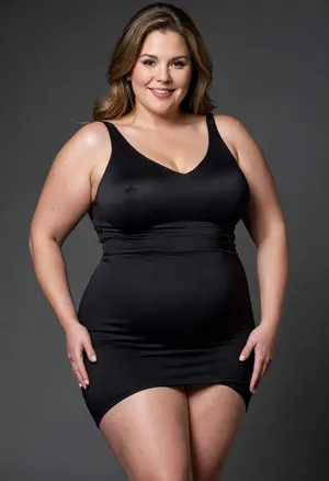 This full-shot image features fat ssbbw mature woman in her 50s, striking a pose against a plain black background. She has light brown hair that reaches her shoulders and is styled with a side part, framing her face. She is wearing a black dress with thin straps, though the full extent of the dress is not visible. Her left arm is bent at the elbow, with her hand near her chest, wearing a wedding ring. She is smiling broadly, revealing her teeth, and looking towards the right side of the frame. Her posture suggests a dynamic movement, with her body slightly twisted and her legs spread apart as if in mid-step. The lighting is from the front, illuminating her face and the front of her body. She has a big ass.