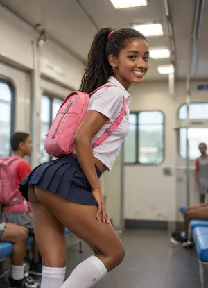 (8k resolution, anatomically corrected, ultimate real, HDR, fully detailed image:1), highly detailed picture of an 18 black super model with a cute young face in a gym, Ultra high detail, Hyper real, 8K, photorealitic picture, (in a subway train), ((18 year old, black african-american woman), (petite:1.2), (dark skin:1.7), very fit, slender, (butt:.6), (skinny:1.1), sporty, gorgeous, small breasts, long black hair in a high ponytail, (tiny butt:1.3), (wearing knee high white sock, wearing mini pleated mini skirt, wearing white button down shirt, wearing small pink backpack on her back, smiling)), bent over, medium wide shot, bokeh shot, (several people in background), variable angle, variable view, <lora:Beautify-Supermodel-SDXL:.8>