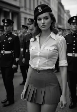 masterpiece, full body, high definition, 4k, perfect makeup, cleavage, small boobs, slim body, long legs, braless unbuttoned shirt, extremely very short pleated mini skirt, soldiers, uniform, old black and white picture, 60´s, street, parade