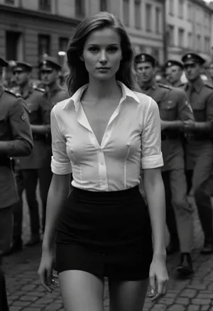 masterpiece, full body, high definition, 4k, perfect makeup, cleavage, tanned, firm small boobs, narrow waist, slim body, long legs, braless unbuttoned shirt, extremely short mini skirt, soldiers in uniform, old black and white picture, Prague 1968, 60´s, street, parade, braless, Wearing, clothes, that, make, sense, with, Braless>, <lora:bralessSDXL_v1_00022:.2>