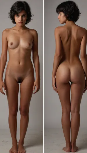 side-by-side two pictures of the same girl, Venezuelan, short tousled black hair, full body, sunburned skin, tanlines, 18 years old, standing sexily, perfect hairy pussy, feet, naked, White background. On the first picture on the left, front view.
On the second picture on the right, she faces backwards, ass view she is spreading her own asscheeksdisplaying her asshole and pussy from
Behind.