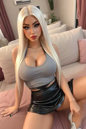 Living room, 18 year old woman sitting on couch, platinum blonde, long straight hair, hyper tanned skin, long fake eyelashes, hyper bimbo, big fake lips, tons of make-up, looking dumb, perfect face, insanely hot, curvy, voluptuous, massive fake breasts, tiny waist, round hips, round ass, perfect legs, very tight tank top, miniskirt, sneakers, close cleavage view from above