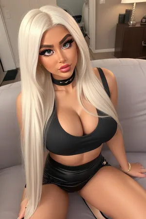 Living room, 18 year old woman sitting on couch, platinum blonde, long straight hair, hyper tanned skin, long fake eyelashes, hyper bimbo, big fake lips, tons of make-up, looking dumb, perfect face, insanely hot, curvy, voluptuous, massive fake breasts, tiny waist, round hips, round ass, perfect legs, very tight tank top, miniskirt, sneakers, close cleavage view from above