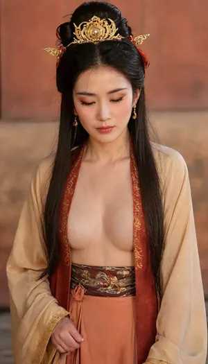 grey hair, chinese matured woman 50+, obvious wrinkles, The female emperor of ancient China, ((shameful:1.5)), ((subtle makeup, Make a tired face, close eyes, head bowed:1.8)), (wearing a mask:2.5), (tears dripping:1), (mouth open:1), (((Embarrassed expression, blushing shameful depressed painful submissive expression:1.5))), very rich, ultra realistic smart incredibly beautiful face, (58 years old, grey hair:1.2), slim figured, (medium sized saggy breasts, brown nipples:1.3), Full body photo, tall, thin slender long legs, bare lower body, without underwear, exposed genitals, female genitals with abundant pubic hair, pulling open clothes with both hands to reveal full breasts, (standing in the The Forbidden City:1.3), (Extremely expensive ancient Chinese clothing. Luxurious skirt， Floor length skirttraditional Chinese Hanfu, elegant and luxurious, with intricate embroidery, flowing wide sleeves, high waistline:1.3), ., (perfect legs. Sensual Seductive. big eyes. beautiful eyes. updo:1.2), silver earrings and a necklace, magnificent hall, (seduce. sexy. want to fuck), (clothes torn open, fully naked:1.4), HDR photo, best quality, ultra-detailed, masterpiece, finely detail, highres, 8k wallpaper, photorealistic, perfect illumination, best shadow, best shot, soft lighting, bhands, (perfect fingers. perfect hands:1.2), szhf, dress, <lora:szhf:1.3>, <lora:FD_XL_ENF:1.6>
