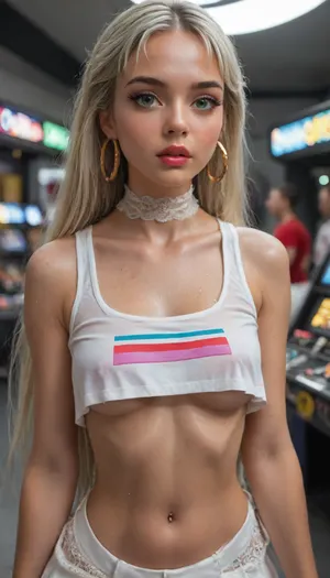 (((Platinum ash blonde hair))), (((very petite young girl))), focus face, (((detaled blue green eyes))), (Close-up girl), chel el dorado, extremely beautiful face, long shiny hair, wet skin, tight choker, large hoop earrings, sweaty skin, blush, firm round breasts, jeweled navel piercing, (lace-up pink fishnet stockings), arcade, (((Underboob))), sports bra, ((white mini micro skirt)), high thong, headphones with feline ears, (((moles all over the body))), (ultra realistic:1.3), (maximum quality:1.3), (high resolution:1.3), (extreme detail:1.3), (ultra realism:1.3), (maximum detailed skin:1.3), (((long big thick black eyelashes))), ((narrow waist)), ((wide hips)), ((makeup)), ((blush)), (lipstick), (shock)