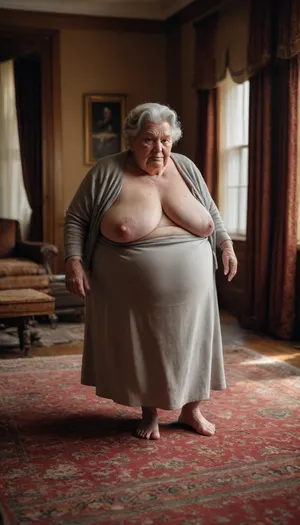 RAW photo, subject, (fine skin detail:1.1), 8k UHD, soft light, high quality, film grain, Fujifilm XT3, dynamic angle, An old woman, fat, obese, with a huge, massive, saggy assass, full body photoshoot. Luxury room