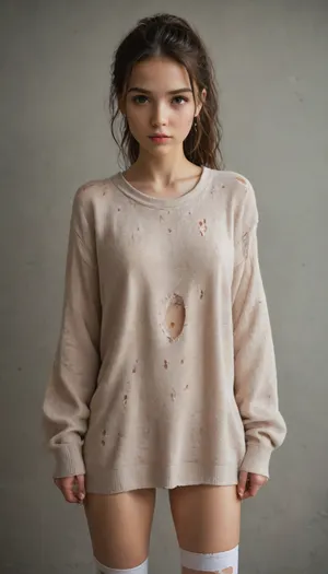 skinny girl, cute, brunette, ponytail hair, long oversized ripped sweater, partial nudity, high socks