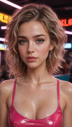slutty white adult pornstar, slutty pink latex, neon nightclub, perfect, hdr, perfect face, wet body, spit coming out of