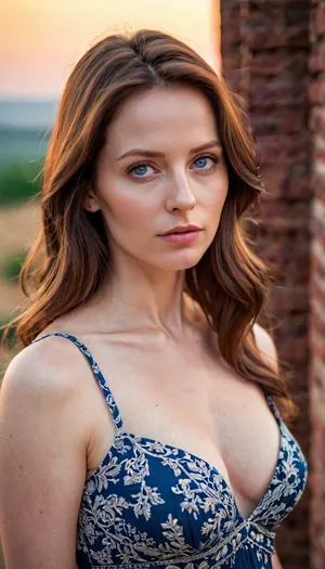 Young wife, 33 years old, mother, very pale skin, Large hips, small sagging breast, brown hair, blue eyes, long summer dress, little cleavage. Full photo.
Photorealistic
