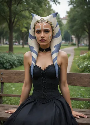very beautiful twi'lek woman. The ears are completely covered with a gold decoration, with a chain going onto the forehead. she is dressed in a luxurious and exquisite long victorian dress with lace and frills. a very thin waist in a corset. she has a diamond decoration on her neck. on her head is a wide-brimmed hat with a feather. a bright sunny day. sits on a bench in the park and reads a book. A small bird perched on the edge of the bench. city park among exotic plants, ahsoka, tano, from, star, wars, the, clone, <lora:asohka_v1.0:.8>