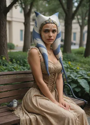 very beautiful twi'lek woman. The ears are completely covered with a gold decoration, with a chain going onto the forehead. she is dressed in a luxurious and exquisite long victorian dress with lace and frills. a very thin waist in a corset. she has a diamond decoration on her neck. on her head is a wide-brimmed hat with a feather. a bright sunny day. sits on a bench in the park and reads a book. A small bird perched on the edge of the bench. city park among exotic plants, ahsoka, tano, from, star, wars, the, clone, <lora:asohka_v1.0:.8>
